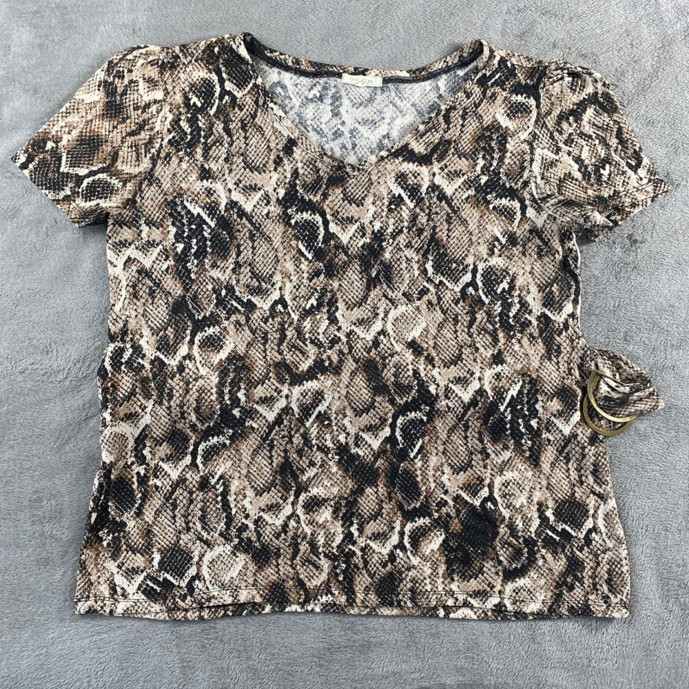 Ava Jamesā Blouse Womens XL Brown Snakeskin V-Neck Tie D-Ring Short Sleeve Top